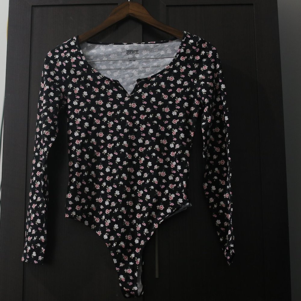 NWT Victoria's Secret PINK Black Floral Long Sleeve Bodysuit.